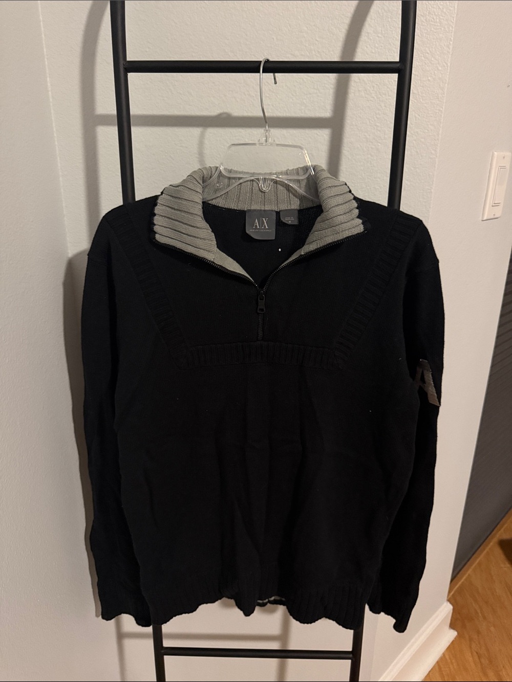 A/X Armani Exchange Men’s Black Sweater with Gray Ribbed Zip Collar